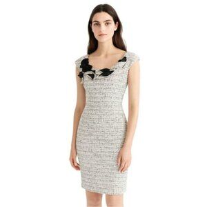 Kay Unger White Bouclé Sheath Dress with Black Floral Trim